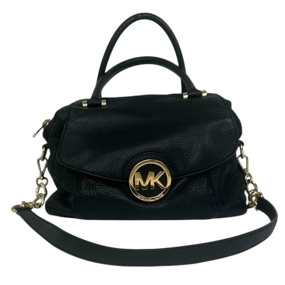 Michael Kors Fulton Large Satchel CrossBody Pebbled Black Leather Bag Purse Chic - Picture 1 of 16